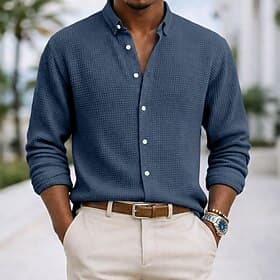 Men's Shirt Waffle Shirt Casual Shirt Button Up Shirt Navy Blue Long Sleeve Plain Lapel Casual Daily Clothing Apparel Fashion Streetwear Casual