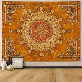 Tapisserie murale mandala jaune moutarde, style bohème vintage, motif floral, grand format, tons naturels, décoration murale, affiche en tissu