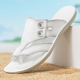 Men's White Faux Leather Toe-Post Sandals – Summer Comfort Flip Flops, Beach Vacation  Outdoor Leisure