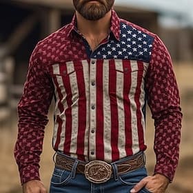 Men's 4th of July U.S. 250th Anniversary US Flag Patriotic Shirt Western Shirt Long Sleeve Vintage Retro Casual Holiday WorkWear Spring Fall Turndown Front Two