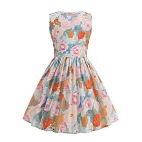 1950er Retro Vintage Midlänge Swing-Kleid Ausgestelltes Kleid Ärmellos Blumen Tailliert und ausgestellt Schaukel Kostüm Mädchen Kindertag Maskerade Urlaub Allt