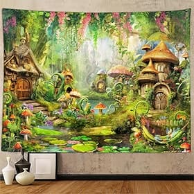 Fairy Garden Mushroom House Tapestry Magical Forest Wall Hanging Whimsical Woodland Landscape Wall Art For Girls Bedroom Playroom Nursery Home Decor