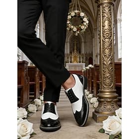 Men's Classic Black and White Oxfords – Elegant Faux Leather Shoes for Weddings and Formal Gatherings