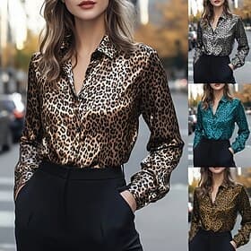 Per donna Blusa Bottoni Stampato Leopardo Elegante Casual Manica Lunga Colletto a Camicia Top Regolari Quotidiano Blu Argento Giallo Marrone Primavera Autunno