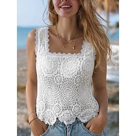 Women's Tank Top Lace Patchwork Plain Fashion Stylish Classic Sleeveless Square Neck Regular Tops Daily Going out Weekend White Summer Spring