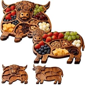 Holzbrett mit Hochlandrind-Motiv, rustikale Servierplatte im Landhausstil, Partyplatte mit Kuhmotiv für Snacks, Obst, Fleisch und Käse – ideal für Zuhause.