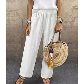 Pantalon d'été classique uni pour femme, 100 % coton et lin, longueur cheville, taille mi-haute, poche, coupe ample avec cordon de serrage élastique, confortab