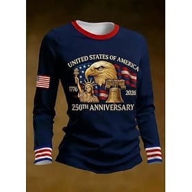 Independence Day American Anniversary Patriotic Women's T Shirt Graphic Flag Stylish Classic Casual Long Sleeve Crew Neck Round Neck Daily Print Blue Black Sum