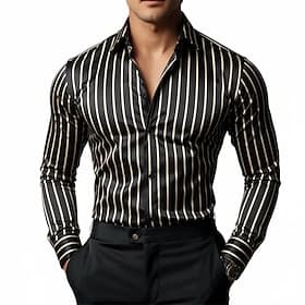 Men's Shirt Satin Shirt Striped Shirt Casual Shirt Button Up Shirt Striped Daily Vacation Black Wine Navy Blue Green Long Sleeve Collar Spring   Fall Clothing