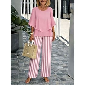Women's Pants Sets Half Sleeve Butterfly Sleeve Round Neck Graphic Striped Elegant Vacation Casual Daily Blue Yellow Pink Spring  Summer Regular Fit