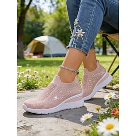 sneakers da donna con plateau Flyknit rosa scintillante: eleganti scarpe in maglia leggera per camminare, fare shopping, viaggiare e indossare ogni giorno