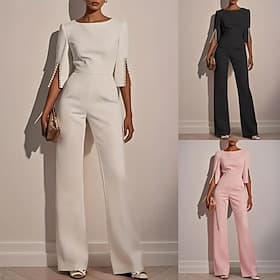 Per donna Normale Tuta Elegante Tinta unica Mezza Manica Gamba larga Girocollo Vita alta Ufficio Lavoro Vestibilità regolare Nero Bianco Rosa Estate