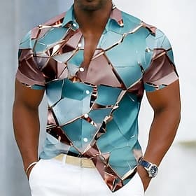 Men's Geometric Glass Broken Shirt Satin Shirt Dress Shirt Short Sleeve Fashion Casual Daily Vacation Summer Spring Turndown Collared Shirts 3D Print Button Up