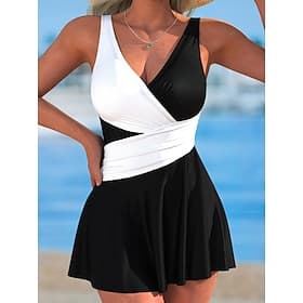 Women's Swimwear One Piece Monokini Swim Dress Swimsuit Tummy Control High Waist Slim Backless Vacation Beach Wear Leopard Color Block V Neck Sleeveless Bathin