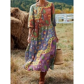 Damen Midi Kleid Boho Leinenähnlich Atmungsaktiv Leicht Shift-Kleid Urlaub Lässig Täglich Urlaub Date Weit geschnitten Grafik Geometrisch 3/4 Länge Arm Rundhal