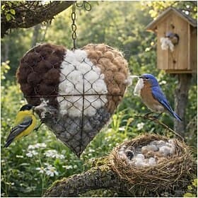 Handmade Bird Nesting Heart, PP Cotton Bird Nesting Material Holder, Refillable Birds Heart Shape Hummingbird Nesting, Winter Fowl Gifts for Animal Hummingbird