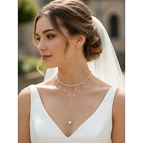 Women's Layered Pearl Y Necklace, Gold Chain Lariat with Delicate Pearls, Elegant Minimalist Bridal Jewelry for Brides, Wedding Guests, Formal Ceremonies, Rece