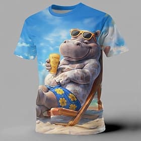 Summer Vacation Funny Muscle Hippo Sunbathing 3D Graphic Print T Shirt Short Sleeve Crew Neck Men Beach Wear Suncare Clothing Apparel S M L XL XXL XXXL