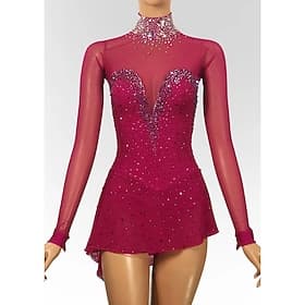 Figure Skating Dress Women's Ice Skating Dress Dark Pink Patchwork Asymmetric Hem Stretchy Training Competition Skating Wear Classic Crystal / Rhinestone Long