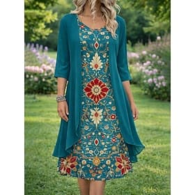 Women's Dress Set A Line Dress Vacation Casual Floral Graphic Layered Print Mini Dress Half Sleeve Crew Neck Daily Blue White Red Summer Spring Regular Fit