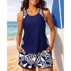 Women's Ruched Tankini Bathing Suit 2 Pieces Geometric UV Protection Elastic Sleeveless Swimwear Surfing Diving Swimming Summer