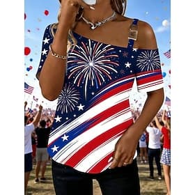 American Independence Day Women's T Shirt Tee Top Print Graphic American Flag Fashion Classic Casual Short Sleeve One Shoulder Regular Tops Daily Going out Wee