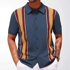 Men's Shirt Casual Shirt Button Up Shirt Navy Blue Brown Short Sleeve Vertical Stripes Shirt Collar Casual Daily Clothing Apparel Elegant Fashion Casual