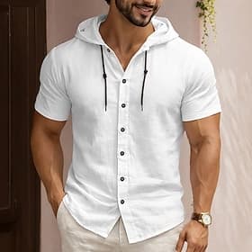 Men's Shirt Linen Shirt Casual Shirt Button Up Shirt Plain Casual Beach Blue Black White Khaki Short Sleeve Hooded Summer Clothing Apparel Adjustable Drawstrin