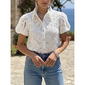 Damen Bluse Oberteil mit Ösen Spitzentops Ausgehöhlt Knöpfe Einfach Täglich Stilvoll Basic Kurzarm Hemdkragen Normale Oberteile Täglich Arbeit Ferien Weiß Rosa