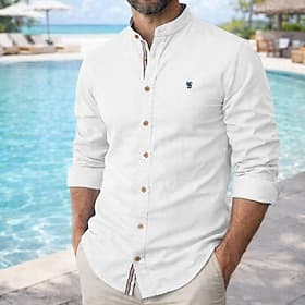 Homme Chemise Chemise en lin Chemise d'été Tenue de plage Chemise Boutonnée Uni Vacances Fête Bleu Noir Blanche bleu marine manche longue Col Printemps  Été Ét