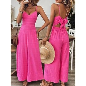 Women's Normal Jumpsuit Active Solid Color Sleeveless Wide Leg V Neck Bow Backless Daily Vacation Regular Fit Fuchsia Summer