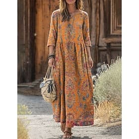 Robe maxi femme en lin comme robe décontractée bohème élégante Bohême plage coupe ample fleurs paisley color block manches 3/4 col rond bleu jaune rose orange