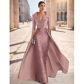 A-Line Floor Length Beaded Eembroidered Formal Dresses Mother of the Bride Dress Evening Gown Ball Gown with Overskirt Formal Dress Elegant Silky Half Sleeve S