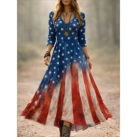Independence Day Patriotic Women's Midi Dress Casual Dress Party Casual Boho Date Regular Fit Graphic Flag Long Sleeve V Neck Blue Summer Spring thumbnail 2