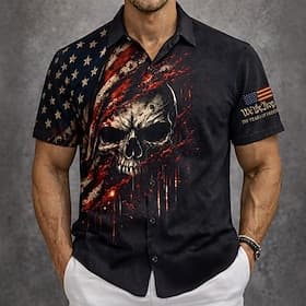 Voor heren Doodskoppen 4 juli, 250e verjaardag van de VS Amerikaanse vlag Overhemd Overhemd met knopen Korte mouw Vaderlandslievend Buiten Feestdagen Zomer Len