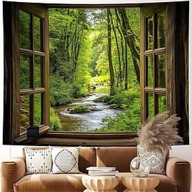 3D Window View Tapestry Forest River Landscape Green Trees Nature Wall Hanging For Living Room Home Decor Wall Art Backdrop Fabric Poster