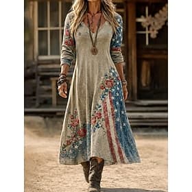 Unabhängigkeitstag Patriotisches Damen Midi Kleid Vintage Kleid Lässiges Kleid Vintage Reguläre Passform Floral Grafisch Flagge Langarm V-Ausschnitt Khaki Somm