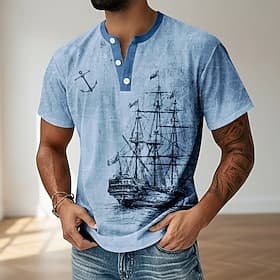 Herren Vintage T Shirt Henley Hemd Kurzarm Designer Retro Vintage Henley Lässig Täglich Straße Sommer Frühling Blau Leicht Grün Grau Violett Kaki Henley Henley