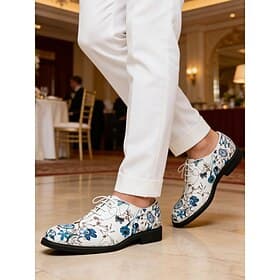 Chaussures habillées blanches pour homme à motif floral, broderie florale bleue, modèle Oxford à lacets, style élégant et formel pour mariages, fêtes et occasi