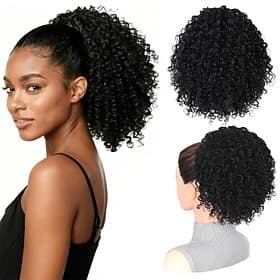 Queue de cheval à cordon pour femmes noires, postiche afro bouclé de 25 cm avec 4 pinces sécurisées, texture douce pour un confort optimal.