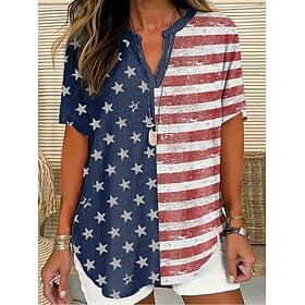 Independence Day Patriotic Women's Blouse Linen Like Breathable Lightweight Graphic Flag Vintage Daily Stylish Short Sleeve V Neck Regular Tops Daily Holiday R