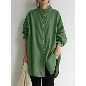 Femmes Chemises en coton et lin Boutons Couleur Unie Quotidien Élégant Basique manche longue Col haut Hauts Longs Quotidien Bleu Marron Vert Beige Été Printemp