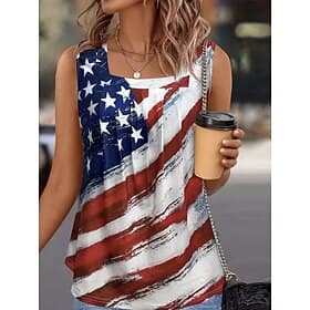 Independence Day Patriotic Women's Cold Shoulder Tops Tank Top Sleeveless Shirt Graphic Flag Vintage Stylish Classic Sleeveless U Neck Regular Tops Daily Print