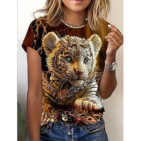 Damen T Shirt Druck Grafik Tiermotiv Vintage Stilvoll Klassisch Kurzarm Rundhalsausschnitt Normale Oberteile Täglich Wochenende Schwarz Weiß Gold Sommer Frühli