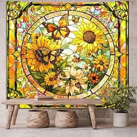Sunflower Stained Glass Wall Tapestry Butterfly Floral Wall Hanging Vintage Art Decor for Living Room Bedroom Home Office