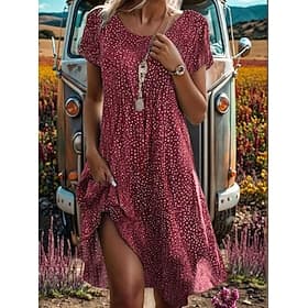 Women's Midi Dress A Line Dress T Shirt Dress Tee Dress Athletic Dress Casual Vacation Daily Regular Fit Graphic Short Sleeve Crew Neck Dark Red Pink Red Burgu thumbnail 2