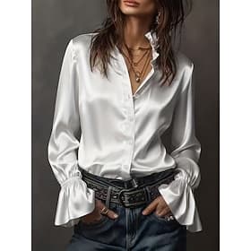 Femmes Chemise en satin Chemise Décontractée Chemisier Couleur Unie Élégant Basique Occasionnel manche longue Col montant Hauts Réguliers Quotidien Extérieur T
