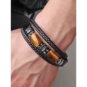 Men's Natural Stone  Faux Leather Bracelet, Braided Casual Style Wristband in Multiple Colors, Men's Fashion Jewelry for Everyday Casual Wear and Street Style