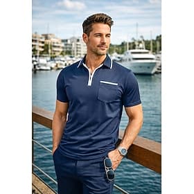 Men's Cotton Polo Shirt Golf Shirt Casual Vacation Zip Lapel Short Sleeve Fashion Muscle Solid Color Plain Zipper Pocket Summer Spring Spring  Summer Regular F