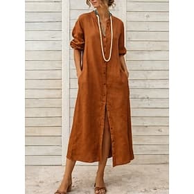 Robe maxi 100% coton pour femme, robe caftan décontractée, basique, moderne, pour le quotidien et le week-end, coupe ample, manches mi-longues, col en V, dispo